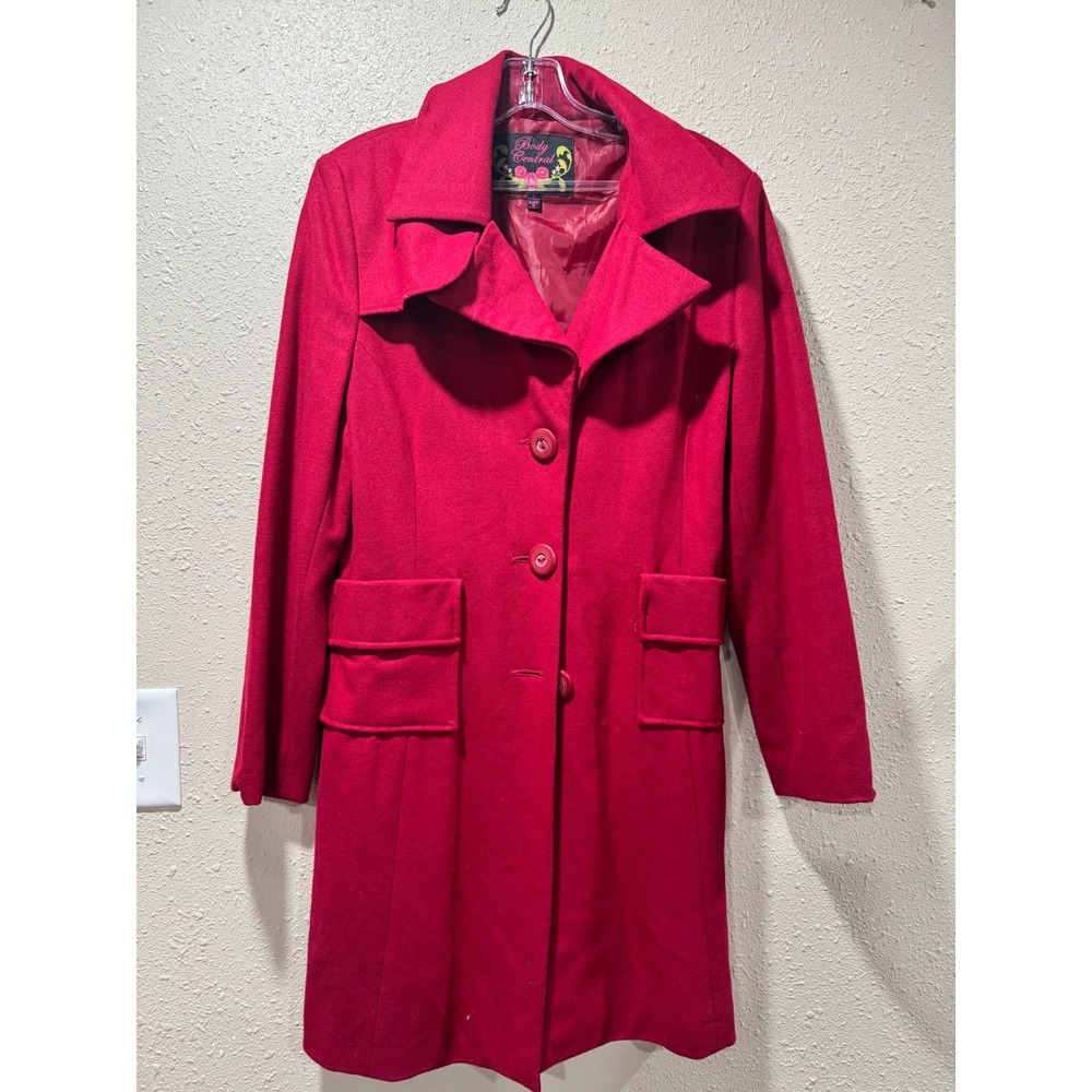 Body Central Womens Red Wool Blend Pea Coat Longline Button Front Jacket Small